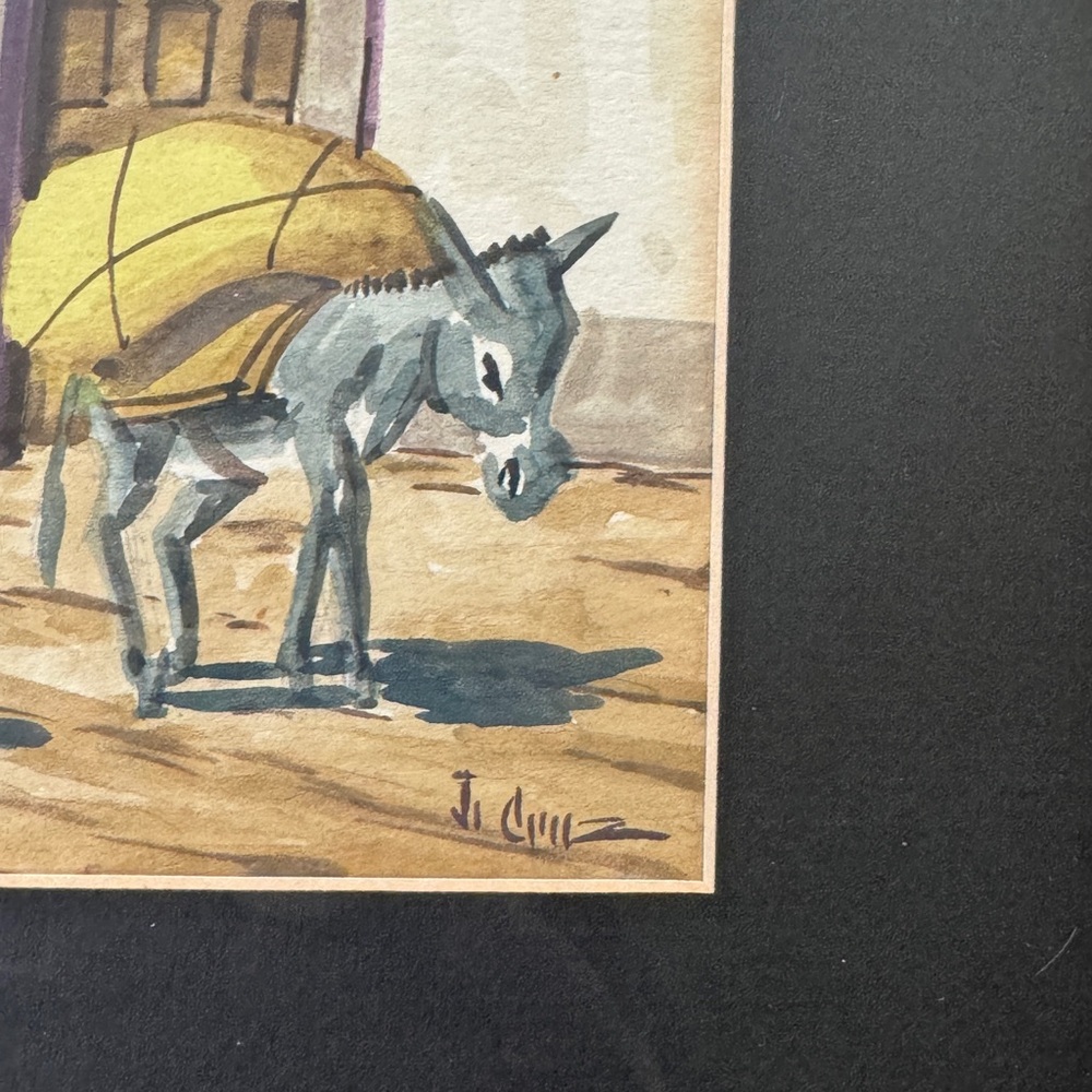 Vintage Framed Watercolor Mexican Villager with Donkeys by J. Cruz - Picture 3 of 7
